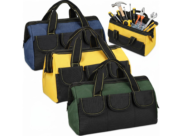 3 Pack Tool Bag for Men with Waterproof Hard Bottom, Heavy Duty Tool Bag Wide Mouth Tote for Various Instrument, Electrician Carpenter...