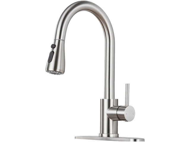 Brushed Nickel Kitchen Faucet with Pull Down Sprayer and Deck Plate SUS 304 Stainless Steel, Single Handle, 3 Spray Modes, 360° Swivel Spout, RV...