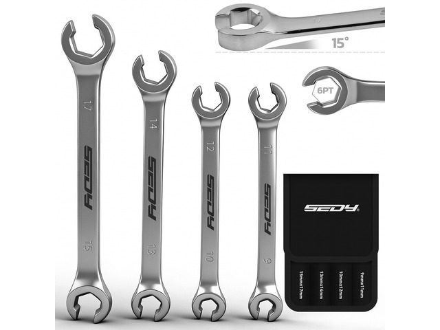 4-Piece Flare Nut Wrench Set, Offset End Spanner Metric 9 10 11 12 13 14 15 17mm, CR-V Steel Storage Pouch Repair and Remove Nuts on Fuel Tube Hose...