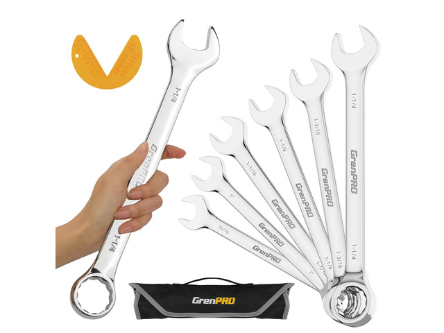 7PC SAE Large Wrench Set Combination Open End Wrench Big Wrenches Includes 15/16' 1' 1-1/16' 1-1/8' 1-3/16' 1-1/4' Long Wrenches, 15° Offset 12pt...