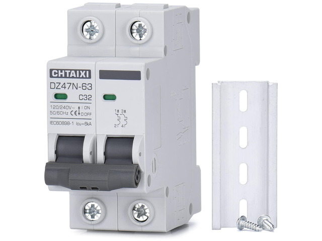 AC Miniature Circuit Breaker, 32 Amp 120V/240V 2 Pole DIN Rail Mount Circuit Breaker, Thermal Magnetic Trip, Solar AC Disconnect Switch MCB C32