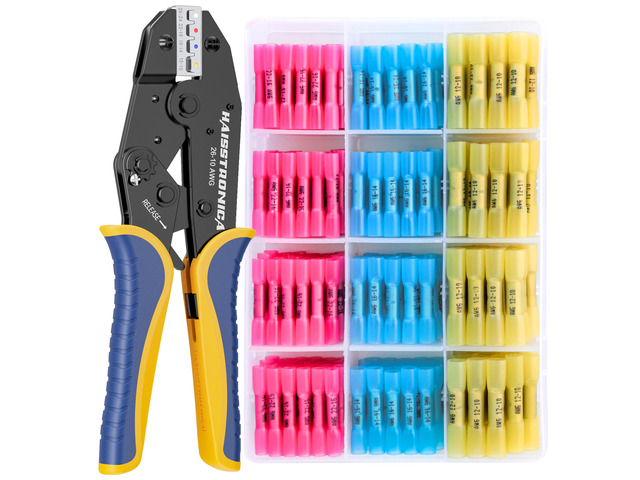 200PCS Ratchet Crimper Kit, Butt Connectors, AWG 22-10 Color-coded jaw markings, adjustable force wheel, quick-release lever, field wiring