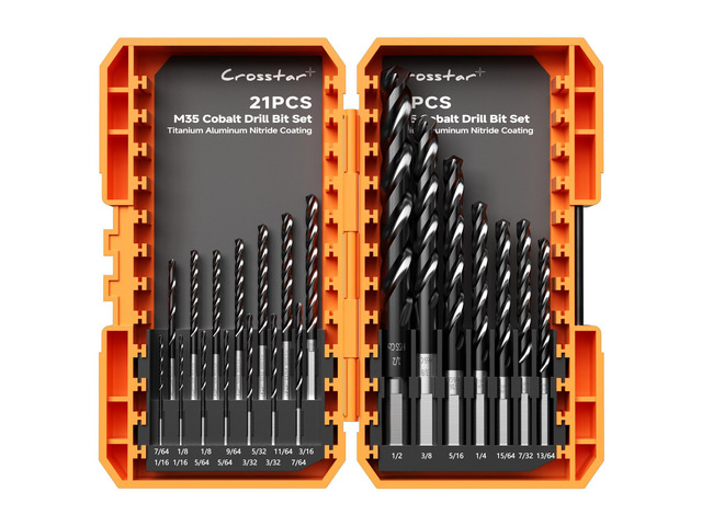 M35 Cobalt Drill Bit Set for Hardened Metal & Stainless Steel - 21pcs Titanium Aluminum Nitride Coated (TiAlN), Three-Flute Design, 1/16'-1/2'...