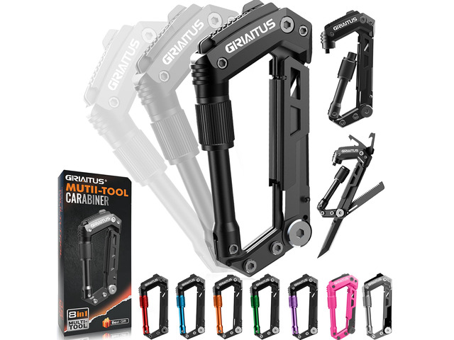 Carabiner Multitool 8-in-1 EDC Carabiners Pocket Knife for Camping, Black Gifts for Men, Folding Serrated Knife, Bottle Opener, Rope Cutter,...