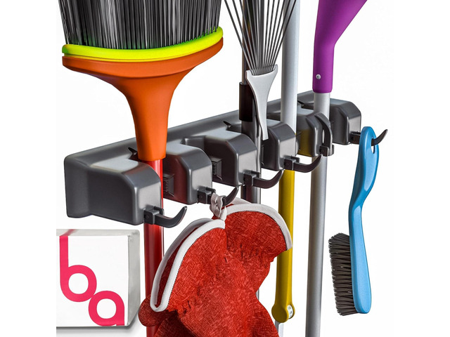 Broom Holder Wall Mount, Mop and Broom Organizer Wall Mounted Broom Rack & Mop Rack, Rack for Brooms and Mops Broom Hanger Wall Mount with 5...