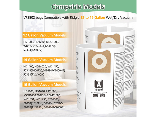 15 Pack 23743 VF3502 Vacuum Bags for Ridgid 12 to 16 Gallon Wet Dry Vacuums High Efficiency Replacement Filter Bags for Model WD1950 WD1956 WD1850...
