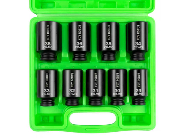 1/2' Drive Impact Socket Set, 9-Piece Metric Deep Axle Nut Sockets, 6-Point, Cr-Mo, 29mm, 30mm, 31mm, 32mm, 33mm, 34mm, 35mm, 36mm,38mm