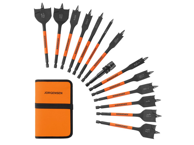 14-Piece Spade Drill Bit Set with Storage Pouch, 1/4' to 1-1/2' Includes 13 Spade Drill Bits and One Quick-Load Connector, 1/4' Hex Shank, Carbon...