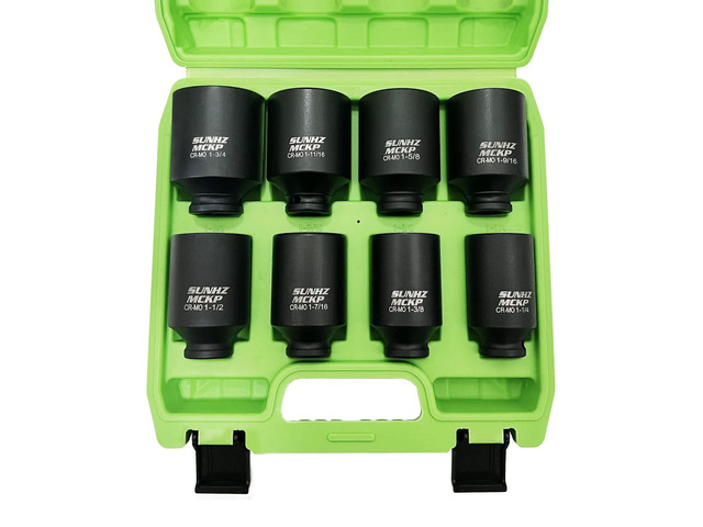 SUNHZMCKP 1/2' Drive Deep 6-Point Impact Socket Set, 8-Piece Standard SAE Spindle Axle Nut Impact Socket Set, Cr-Mo, 1-1/4-Inch to 1-3/4-Inch Size