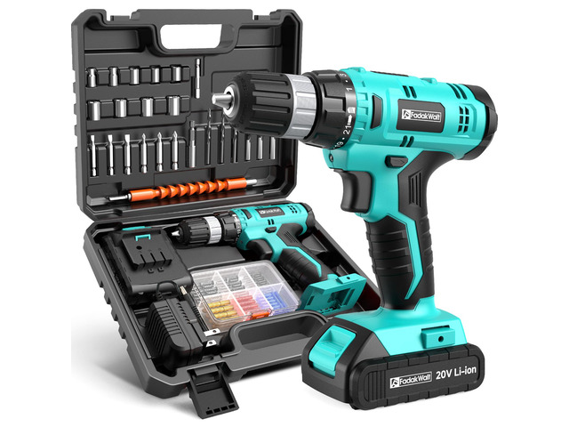 Cordless Drill Set, 20V Electric Power Drill With Battery And Charger, 30N Torque, 21+1 Settings, 3/8-Inch Keyless Chuck, Driver Bits Kit, LED...