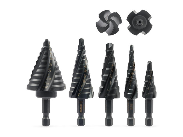 Step Drill Bit Set, 5PCS Four Spiral Flute Step Bits for Metal, 50 Sizes Titanium-Coated HSS Drill Bits with 1/4' Hex Shank for Stainless Steel...