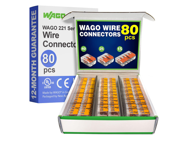 WAGO 221 Series 80pc Compact Splicing Wire Connectors Includes (40x 221-412) (25x 221-413) (15x 221-415) WAGO Wire Connectors Electrical...