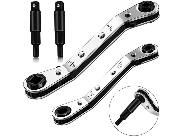 HVAC Service Wrench,3/16'-3/8' 5/16' x 1/4'Valve Wrench with Hex Adapter HVAC Tools, Dual Head Ratchet Design, 4 Size Valve Wrench, Hex Bit...