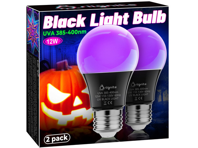 Black Light Bulbs LED Black Light for Halloween Decoration 2 Pack 12W Black Light Bulb UVA 385-400nm UV Light, A19 Blacklight Bulb for Glow in...