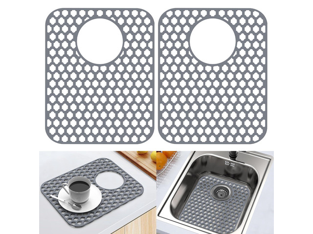 2 Pack Silicone Sink Protector Mat for Kitchen Sink Rear Drian Gray 13-9/16' x 11-5/8' Non-Slip Heat-resistant and Durable Silicone Grid