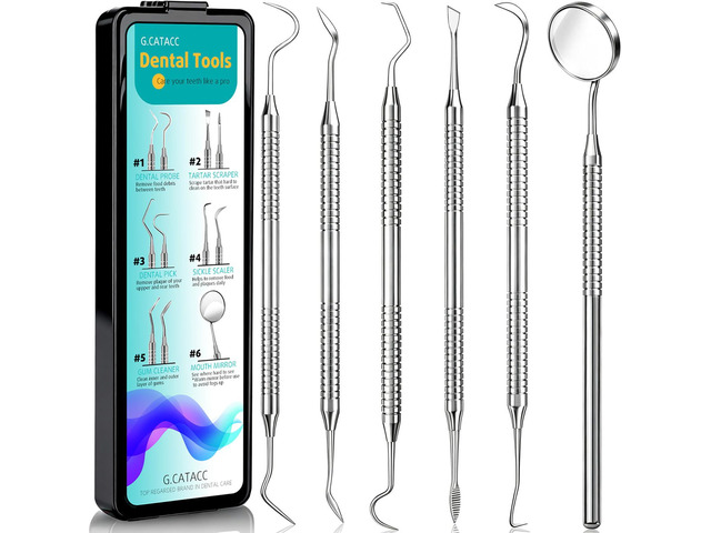 Dental Pick Tools Kit, Tooth Scraper Plaque Tartar Remover 6-in-1, Stainless Steel, Deep Clean, Teeth Whitening, Oral Hygiene Kit, Home Use...