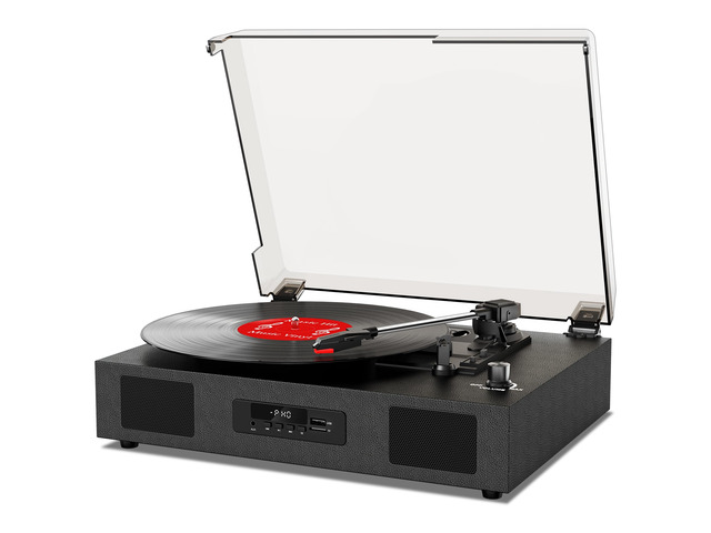 Vinyl Record Player with Speakers, Belt-Drive 3 Speed Vintage Bluetooth Turntable, USB Recording, AUX-in & RCA Line Out LP Player, Black