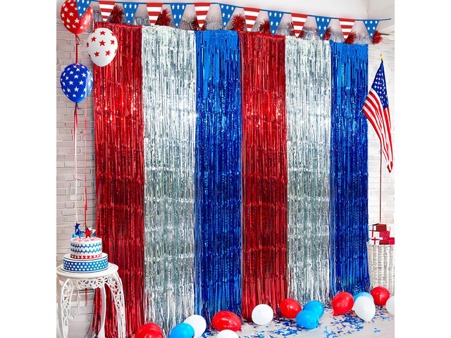4th of July Decorations, 3 Pack Red White and Blue Tinsel Foil Fringe Curtains, 4th of July Photo Booth Prop for USA Themed Olympics, Patriotic,...