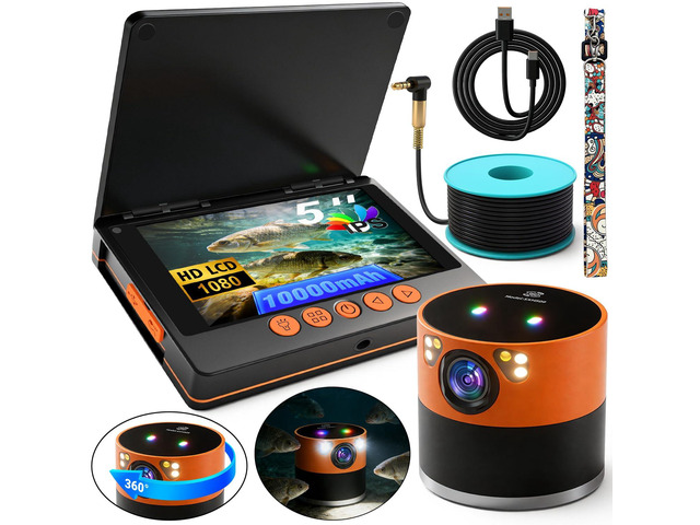 Underwater Fishing Camera, 360° Horizontal Rotating Fish Finder with 5' 1080P IPS Screen & Exclusive Anti-Fog Lens, 10000mAh Battery, RGB Lure...
