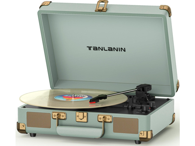 Portable Record Player with Bluetooth Input, 3-Speed Belt-Drive Suitcase Turntable, Built-in Stereo Speakers, Bass/Treble Control, RCA Output, AUX...