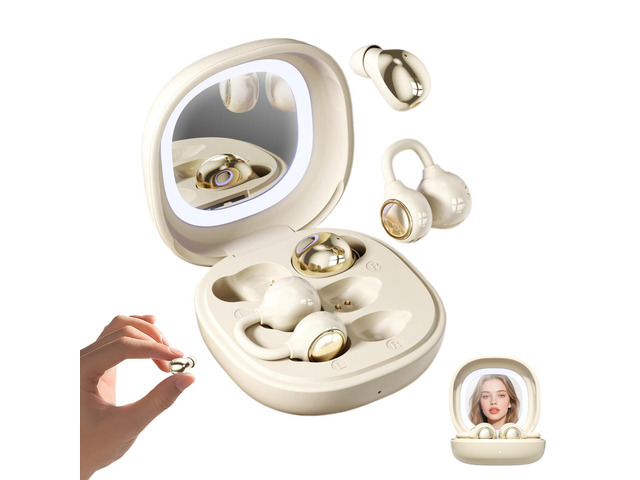Wireless Clip-On Open Earbuds, Butterfly Earring Bluetooth Headphones with Heart-Shaped Charging Case & Makeup Mirror, 42H Playtime, Lightweight...