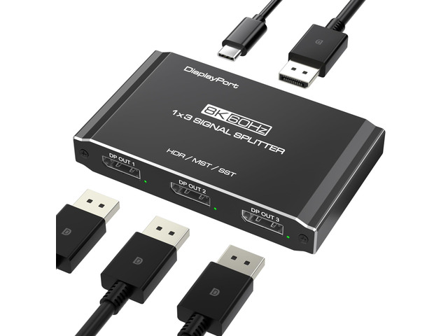 DisplayPort Splitter 1 in 3 Out, 8K@60Hz DSC, Triple Display MST Hub, DisplayPort Multi-Monitor Adapter, Extended/Mirror Mode for Desktops/Graphics...