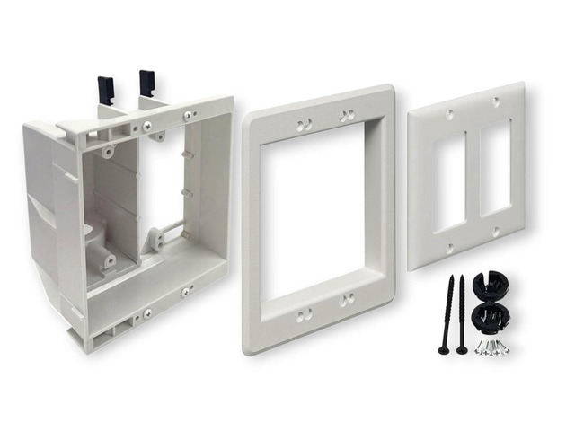 TVBU505-1 Recessed TV Outlet Box, White, 2-Gang In-Wall Electrical Box, Wall-Mounted TVs, Power & Low Voltage Cable Management