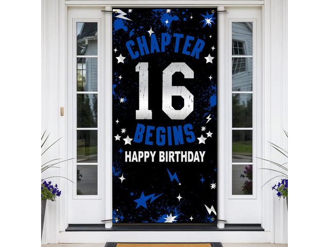 16th Birthday Decorations for Boys Girls Blue Chapter 16 Begins Fabric Backdrop Banner 3x6 FT, 16 Sixteen Birthday Photo Background, Door Decor,...