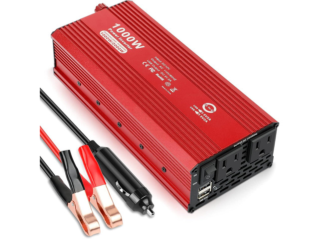 1000W/2000W(Peak) Power Inverter for Vehicles, DC 12V to 110V AC Converter with Dual AC Outlets and Dual USB Car Charger for Car Laptop Computer
