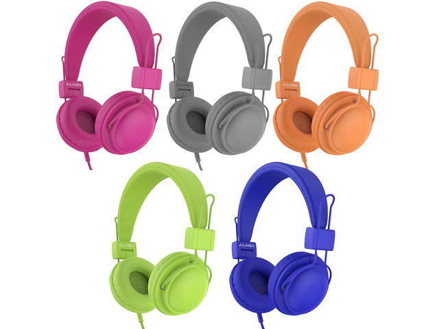 Kids Headphones Wired Bulk 5-Pack for K-5 School Library Travel HD Mic, 85dB Volume Limit, SharePort, Sticker, 3.5mm Headphones for...