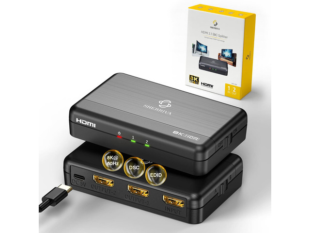 8K HDMI Splitter 1 in 2 Out (Mirror Only) HDMI 2.1 8K@60Hz, 4K@240Hz DSC 48Gbps, HDCP 2.3, EDID, Auto Downscaling, Duplicate Screens for Dual...