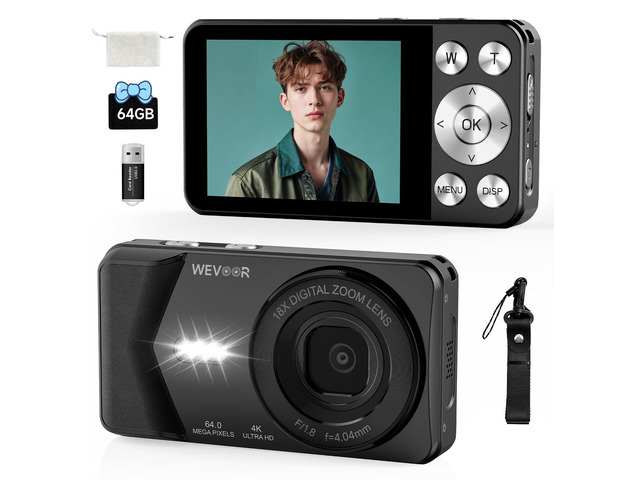4K Digital Camera, 64MP Point and Shoot Digital Camera with Autofocus, 18X Zoom, 20 Filters, 64GB SD Card, 2000 mAh battery, 2.8' Screen Compact...