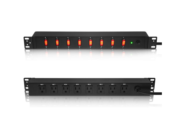 PDU Rack Mount Power Strip, Heavy Duty 12 Gauge Cord, 6FT, 1 8 Outlets Individual Switches, Metal, Server Mountable Surge Protector
