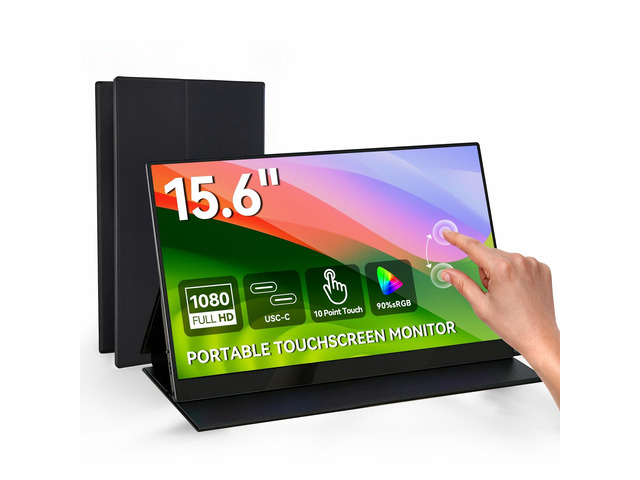 15.6' Portable Monitor Touchscreen 1080P FHD 60Hz 10-Point Touch Screen Monitor Portable with Protective Sleeve, Dual Speakers, USB-C & Mini HDMI,...