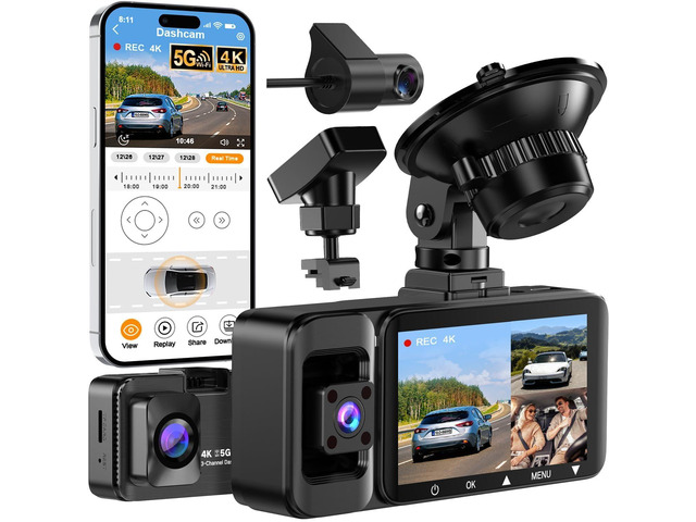 4K 3-Channel Dash Cam, Front Rear Inside, 5GHz WiFi, 64GB Card Wide-angle car camera with infrared night vision, 24H parking mode, loop...