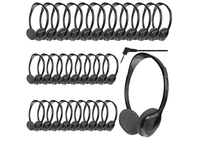 30 Pack Headphones for Kids Students School Classroom Adjustable, 3.5mm Jack, Black, Bulk Earphones, For Library Children Adults