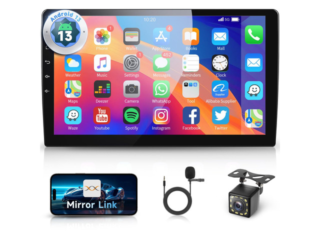 Android Car Radio 10.1 Inch with Bluetooth, Mirror Link, Double Din Touch Screen Car Radio with GPS Navigation, WiFi, DSP FM Radio, USB, SWC with...