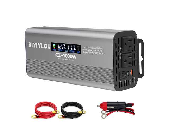 1000W Pure Sine Wave Inverter 12V/24V Auto LCD USB-C for RV Home 12V/24V Auto Detect,50Hz/60Hz Switchable,LCD Display,Power inverter with USB-C...