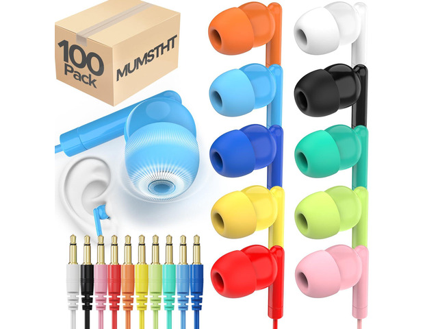 Bulk Earbuds 100 Pack Basic Ear Bud,10 Colors Dot in-Ear Earphones,Disposable Headphones,Class Set for Students,Earphones for Kids,...