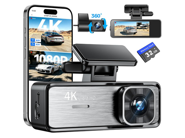 4K Dash Cam Front and Rear,4K+1080P Dual Dash Camera for Cars, 2.4G WiFi, 2 IPS Screen, Night Vision, G-Sensor, Loop Recording, 32GB Card Included