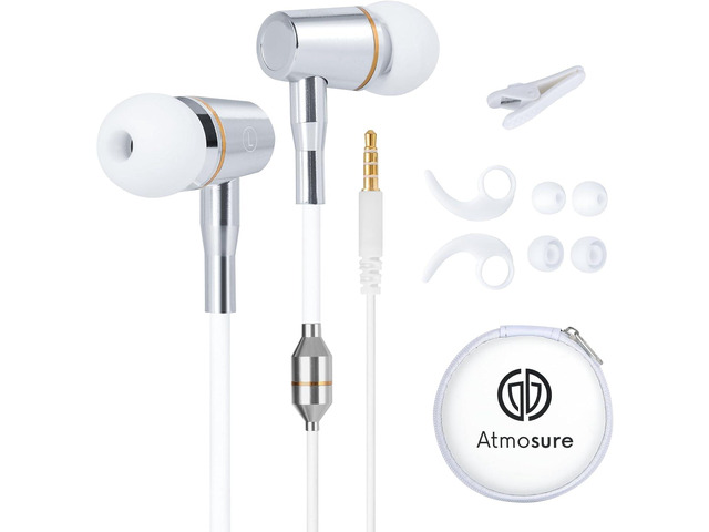 ATMOSURE Air Tube Headphones 3.5mm Jack with Microphone (White) Volume Control, Sports Clip, 3 Ear Tips Sizes and Carry Case, White for iPhone,...