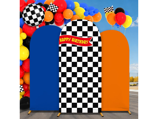 3 Pcs Race Car Arch Backdrop Cover Adaptable for 4ft 5ft 6ft Size Frames Black and White Checkered Chiara Hot Arch Stand Covers for Racing Birthday...