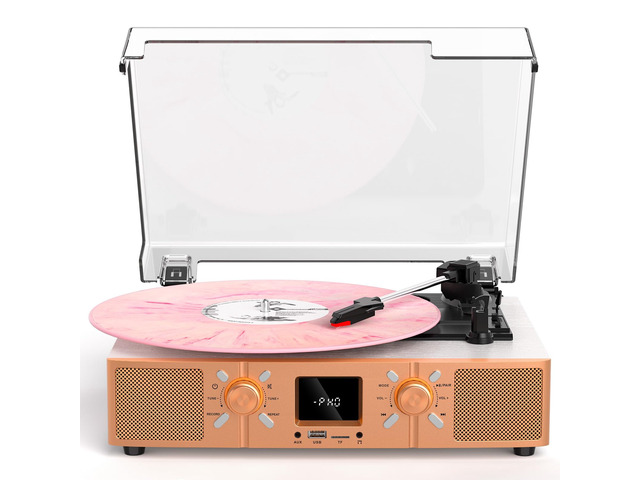 Vinyl Record Player with Built-in Speakers, 3-Speed Belt-Drive Turntable, Bluetooth Vinyl LP Player with FM Radio, USB/TF Recording & Playback, RCA...