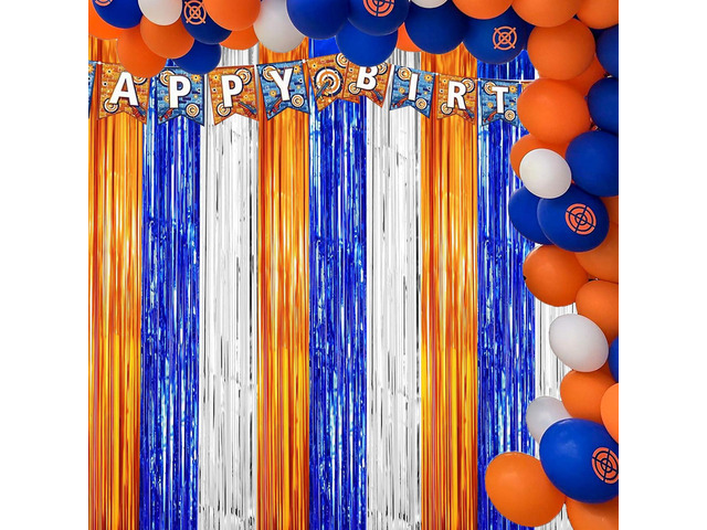 Dart War Party Photo Booth Props Backdrop Orange Blue Sliver Foil Fringe Curtains for Dart War Outer Space Birthday Party Decorations 3...