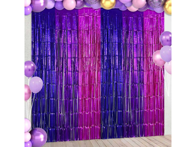 2 Pack Purple Pink Foil Fringe Curtains Streamers Backdrop for Music Themed Party Decorations, Girls Butterfly Birthday Party Decorations Supplies