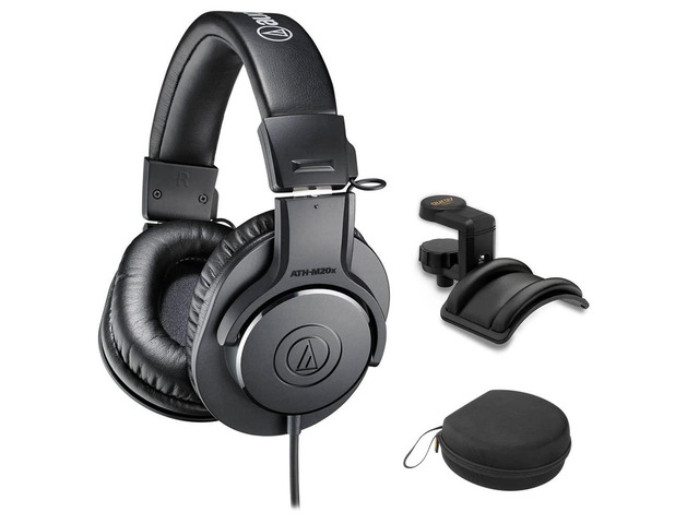 ATH-M20x Closed-Back Monitor Headphones Bundle with Auray Headphones Holder and Headphone Case