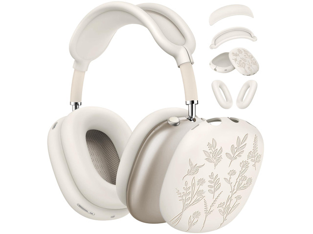 [4 in 1] Flower Engraved Silicone Case Cover for AirPods Max 2/1, Stone Anti-Scratch Sweat-Proof Ear Pad Case Cover/Ear Cups Cover/Headband Cover...