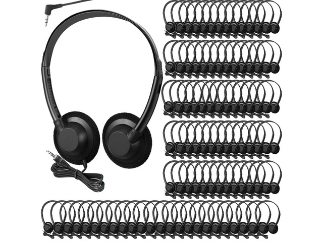 100 Pieces Classroom School Headphones Bulk on Ear Headphone with 3.5mm Headphone Plug in Adjustable Disposable for Kids Adults Student Noise...