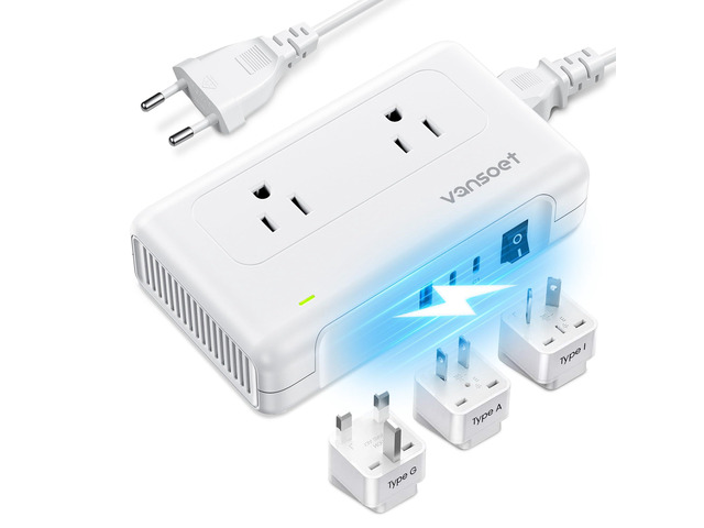 220V to 110V Converter, Universal Travel Adapter with 1 USB A & 2 USB C Ports Fast Charging, 2 AC Sockets and UK/AU/US/EU Worldwide Plug Adapter