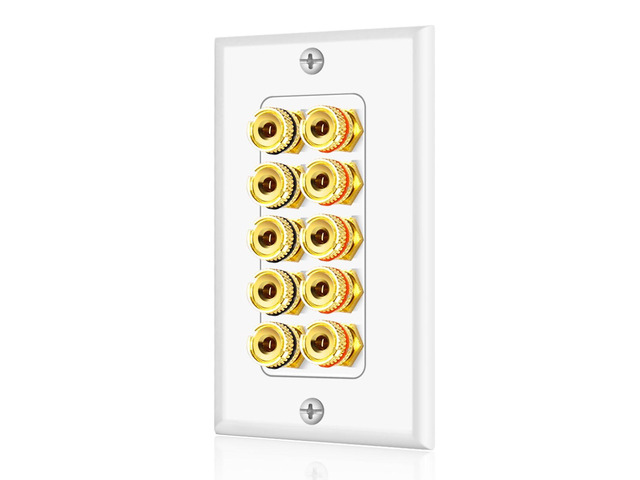TNP Speaker Wall Plate for 1 Speaker, Banana Plug, Single Gang, White Speaker Wire Wall Outlet with Gold-Plated Binding Posts for Spades or Bare...